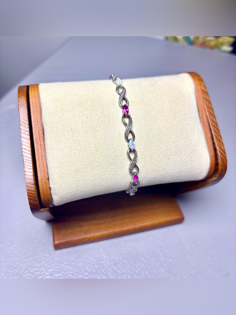 Sterling Silver .925 Opal & Pink Sapphire White Diamond Infinity Bracelet 7”
